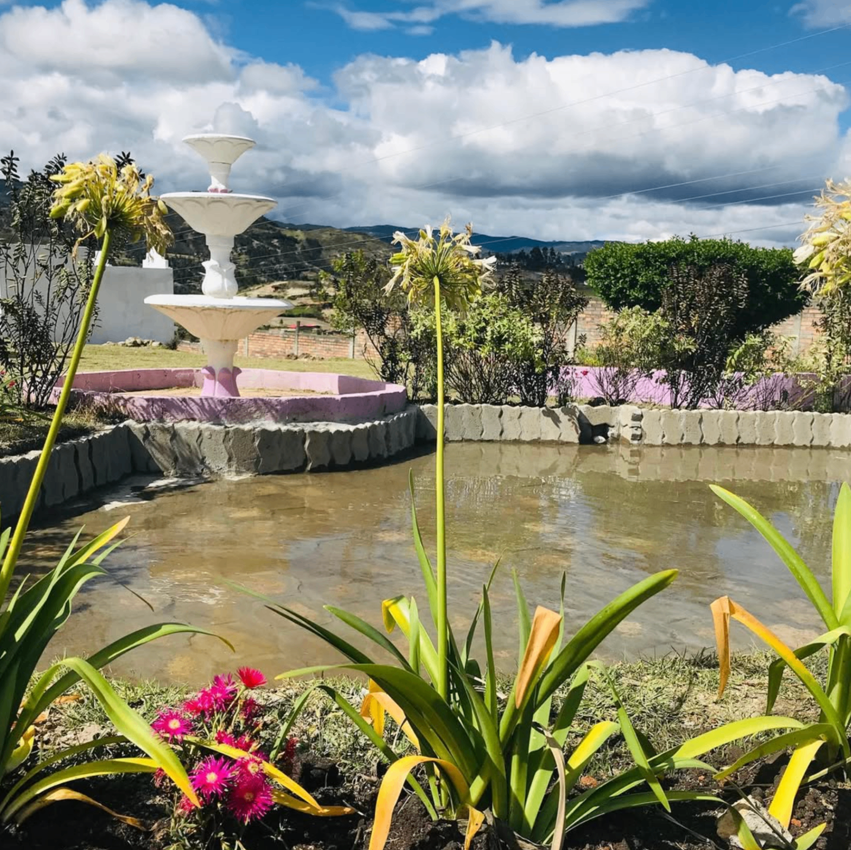 Jardín exterior con fuente de agua, estanque y vista a las montañas de Cuenca